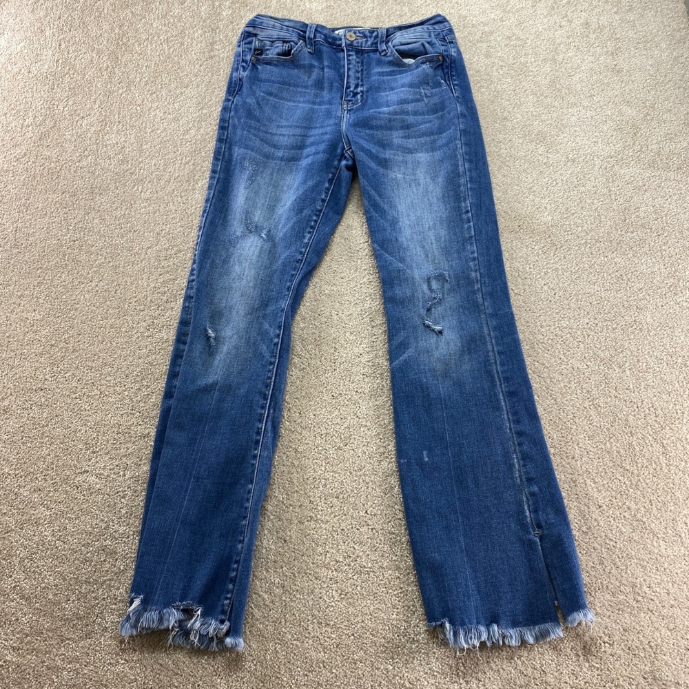 Kancan Flare Jeans Womens 27 Blue Distressed Raw Hem Side Slit Mid‎ Rise